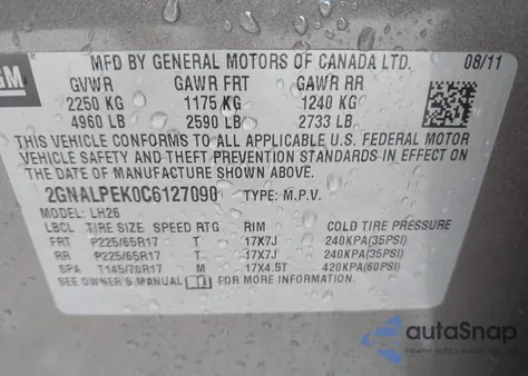 2012 Chevrolet Equinox 2Lt from USA, damaged, VIN 2GNALPEK0C6127090